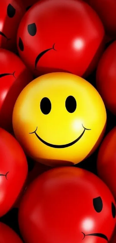 Yellow smiley face stands out in a sea of red balls, creating a vibrant look.