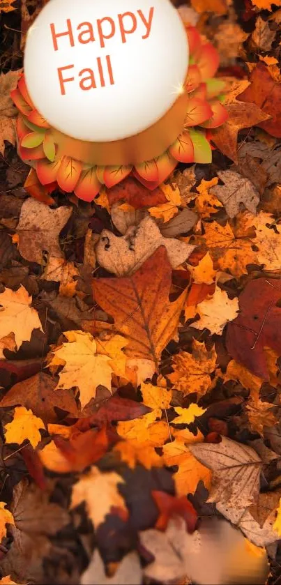 Autumn foliage with 'Happy Fall' text on leaves.