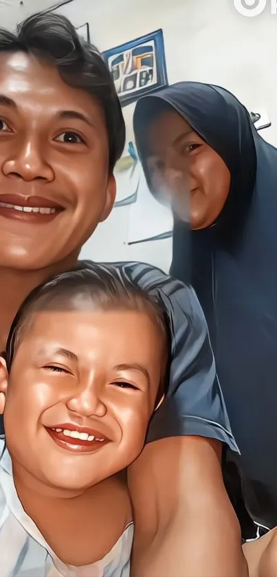 Cartoon-style family portrait with smiles.