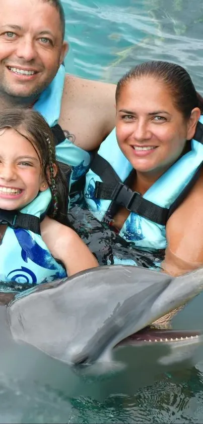 Family enjoying a swim with a dolphin, smiles all around.