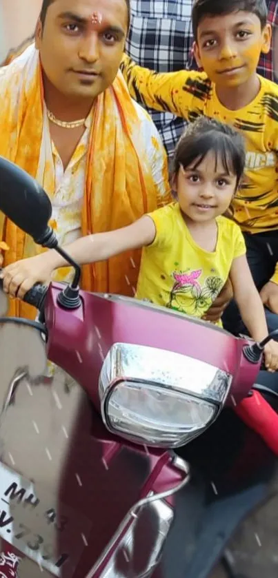 Cheerful family with children on a scooter enjoying a fun ride outdoors.