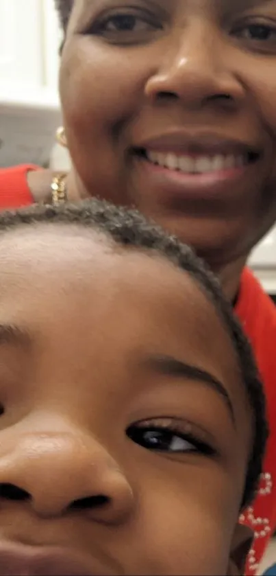 Smiling family selfie with vibrant colors.