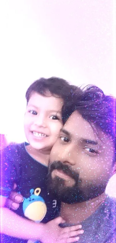 Smiling child with father, surrounded by purple sparkles in a warm embrace.