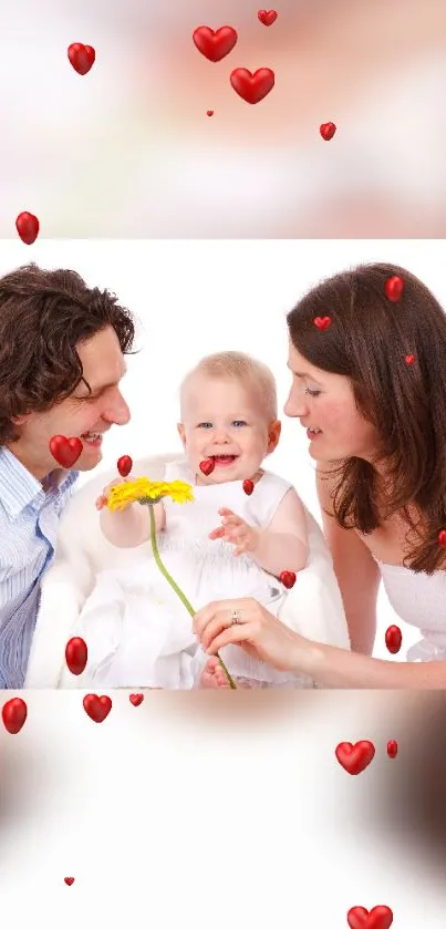 Family smiling with red hearts floating around.