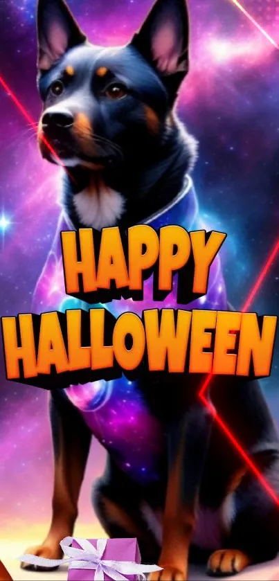 Happy Halloween wallpaper with a cosmic dog.