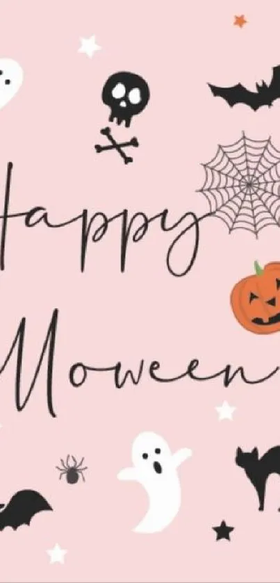 Cute Halloween wallpaper with ghosts, bats, and pumpkin on a pink background.
