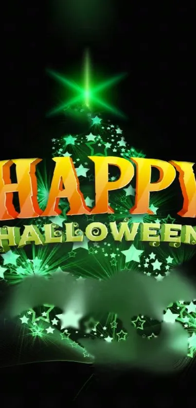 Green glowing Halloween wallpaper with stars and bold 'Happy Halloween' text.