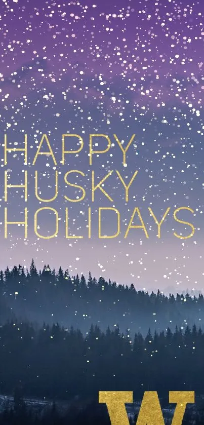 Festive wallpaper with 'Happy Husky Holidays' text over a twilight forest view.