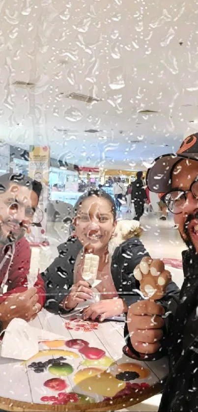 Group of friends smiling and enjoying ice cream indoors.