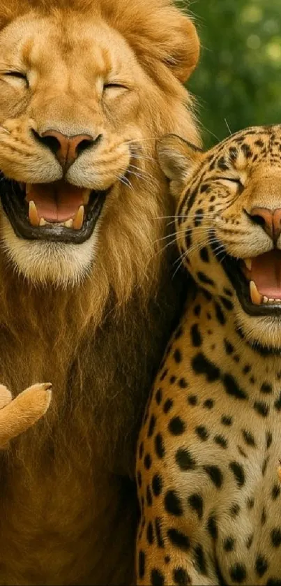Smiling lion and cheetah enjoying the wild.