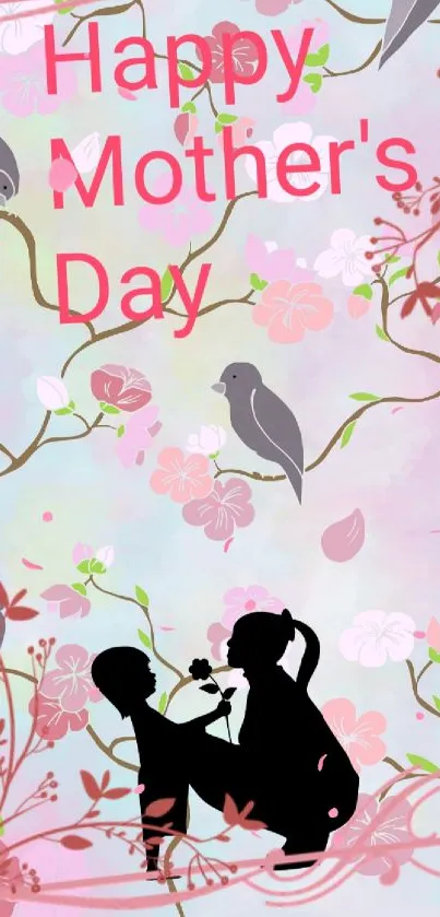 Mother's Day wallpaper with floral and bird design, featuring pink hues and silhouettes.