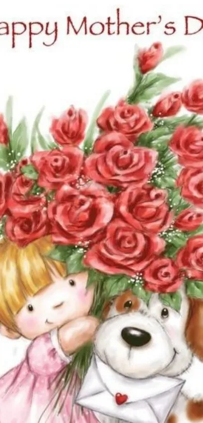 Happy Mother's Day wallpaper with roses, girl, and puppy.