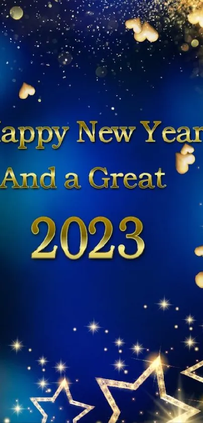 Happy New Year 2023 wallpaper with stars and blue gold theme.