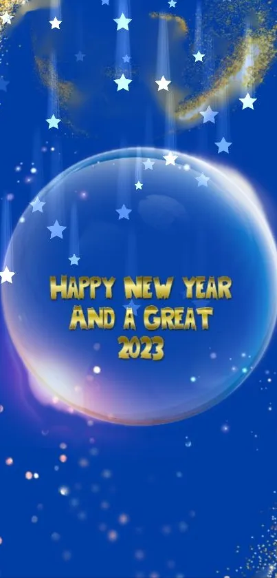 Happy New Year 2023 mobile wallpaper with golden stars and blue background.