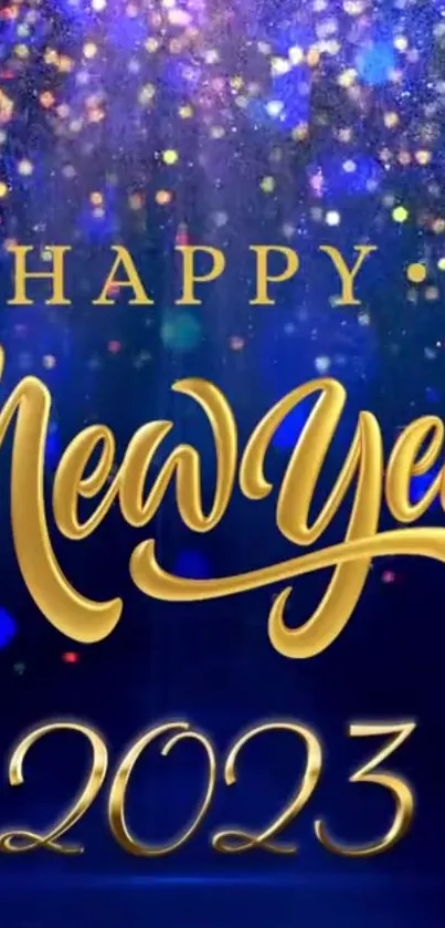 Happy New Year 2023 wallpaper with golden text on navy blue background.