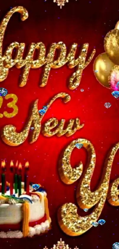 Happy New Year 2023 wallpaper with glittering text and festive cake.