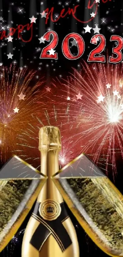 New Year 2023 wallpaper with fireworks and champagne bottle.