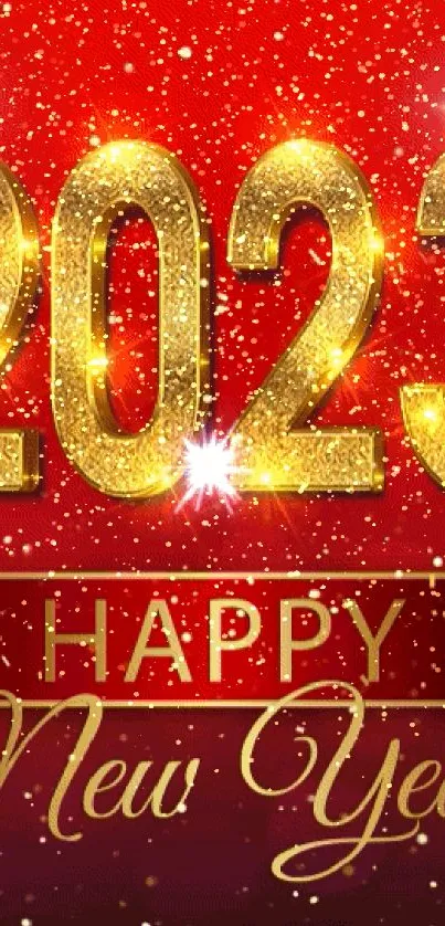 Happy New Year 2023 golden text on festive red background.