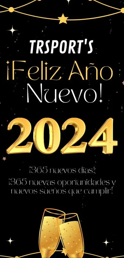 New Year 2024 wallpaper with gold text and festive design.