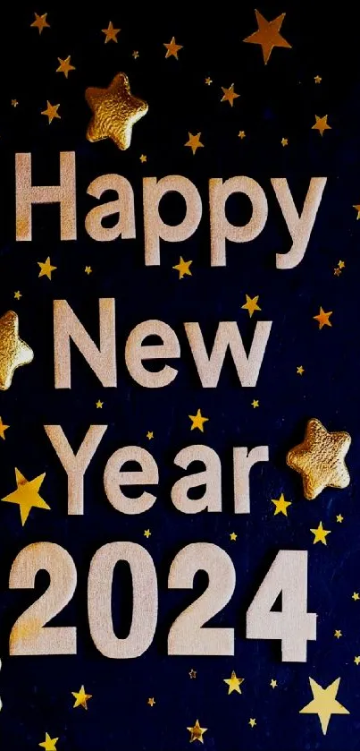 Happy New Year 2024 with gold stars on dark background.