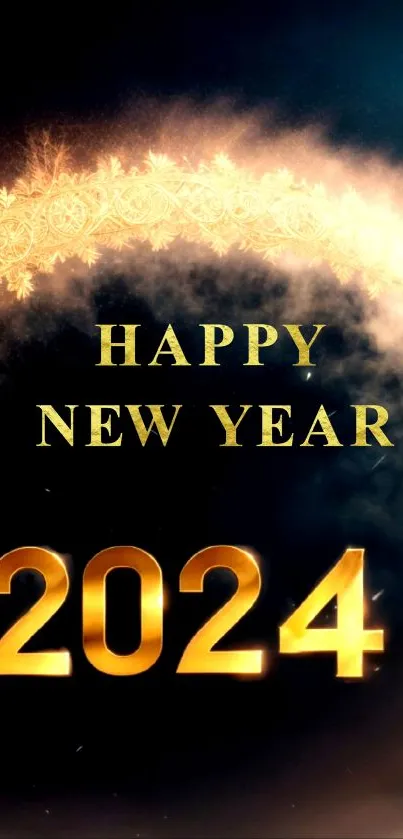 Elegant Happy New Year 2024 wallpaper with golden text and festive flair.