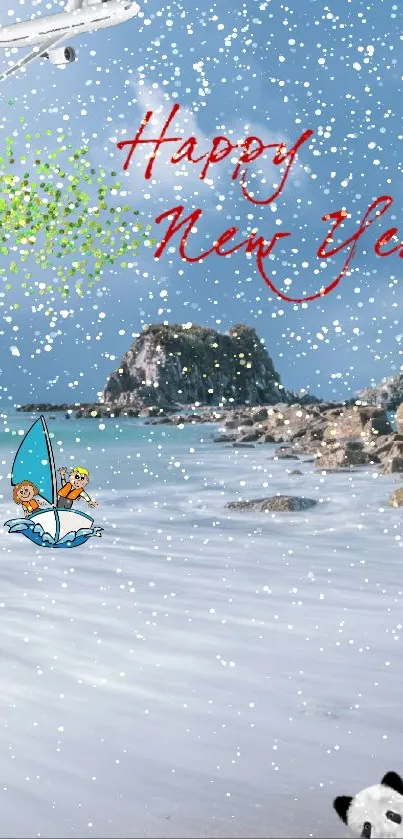 Festive New Year beach wallpaper with snow and ocean view.