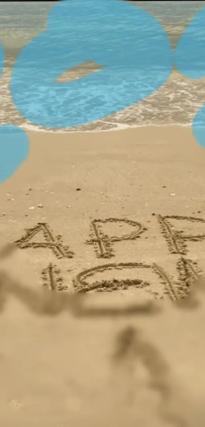 Beach with 'Happy New Year' written on sand under blue skies.