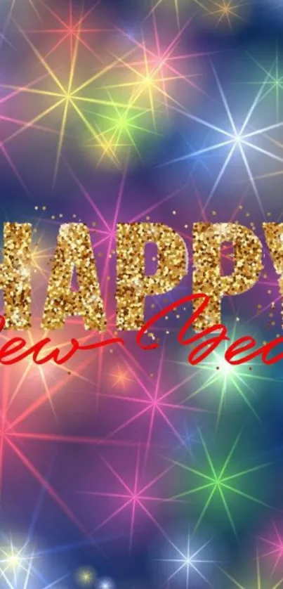 Happy New Year wallpaper with glitter and colorful stars.