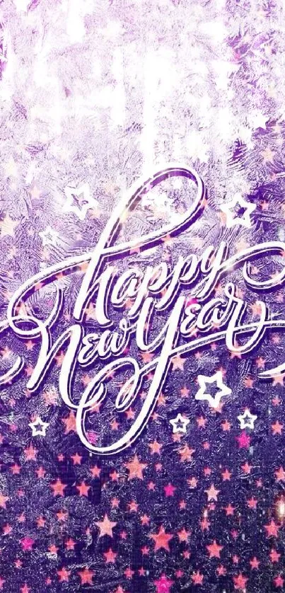 Festive Happy New Year wallpaper with stars and pink frosty design.