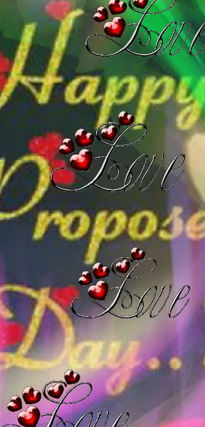 Romantic Happy Propose Day wallpaper with colorful hearts.