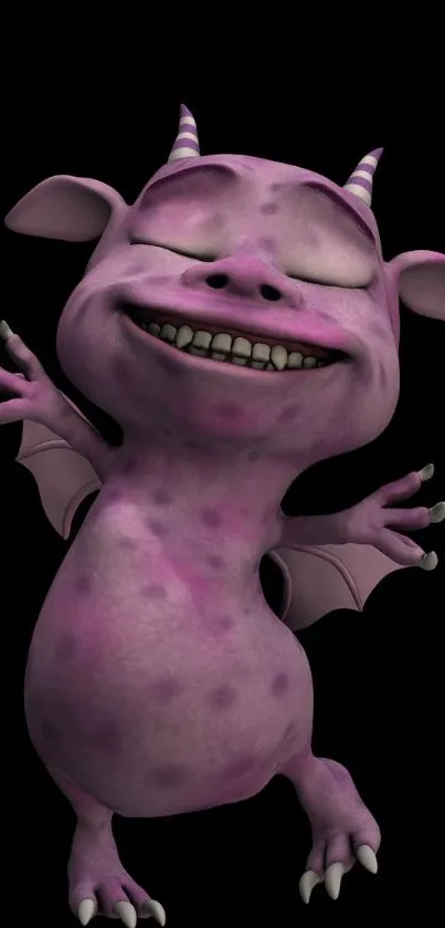 Purple cartoon monster smiling on a black background.