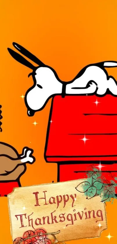 Snoopy celebrating Thanksgiving on an orange background.