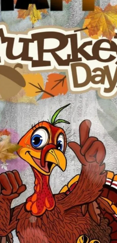 Happy Turkey Day wallpaper with a cheerful turkey and autumn leaves.