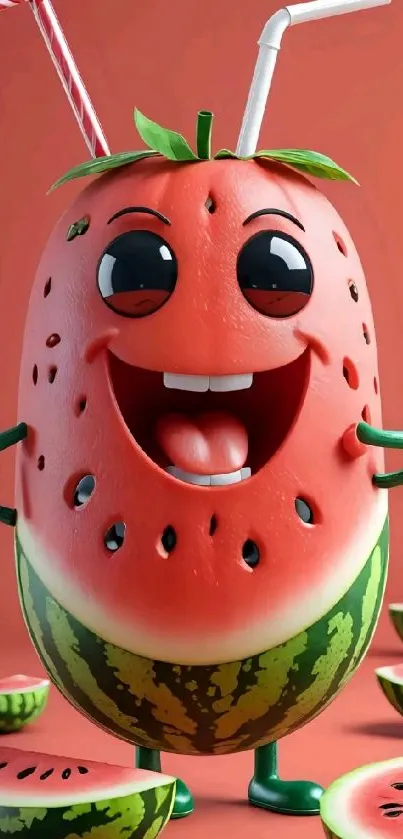 Cheerful cartoon watermelon with a smile and vibrant background.