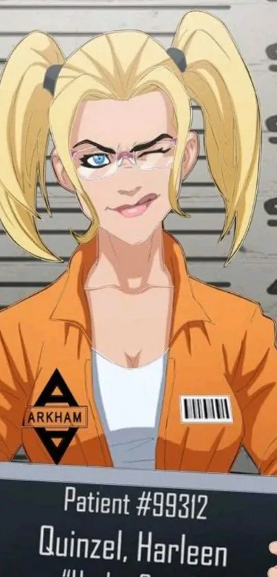 Harleen Quinzel animated wallpaper with orange outfit and mugshot background.