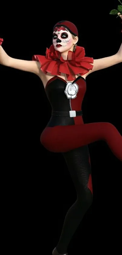 Harlequin dancer in red costume with a black background.