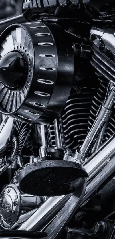 Close-up of a Harley Davidson motorcycle engine in black and chrome.