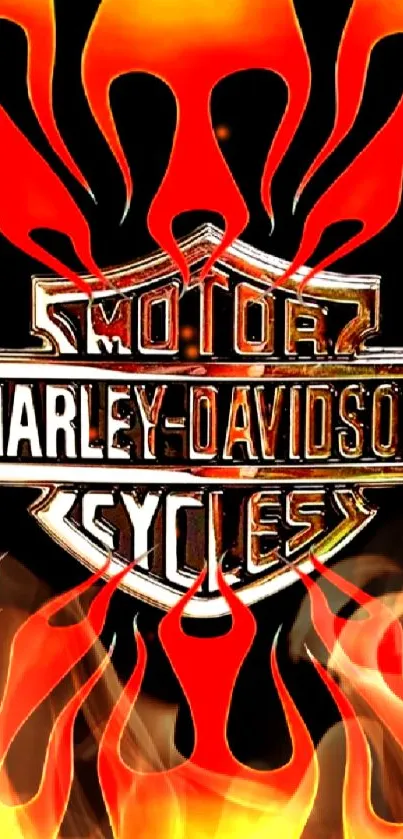 Harley-Davidson logo with fire flames in black background.