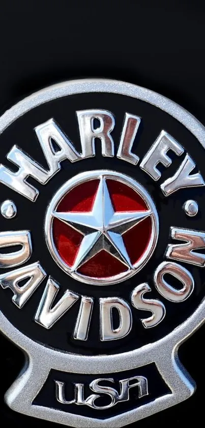 Harley Davidson logo with star in red and silver on a black background.