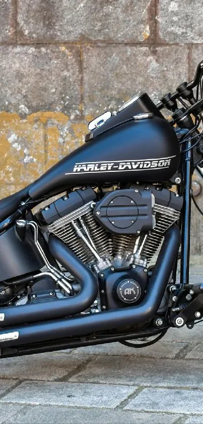 Harley Davidson motorcycle with chrome engine against a rustic wall.