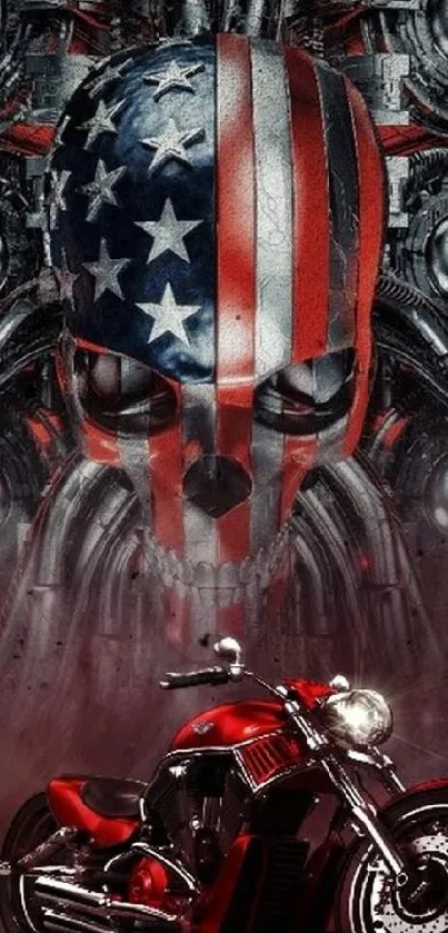 Harley Davidson skull with motorcycle and American flag elements.