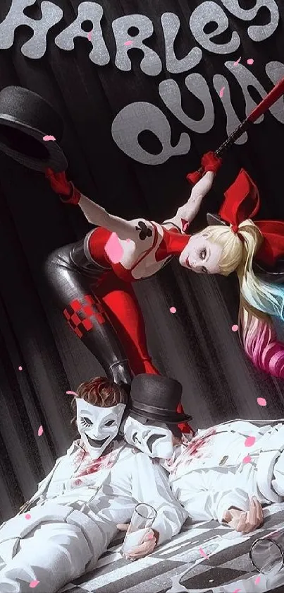 Harley Quinn performing with two masked characters on stage.