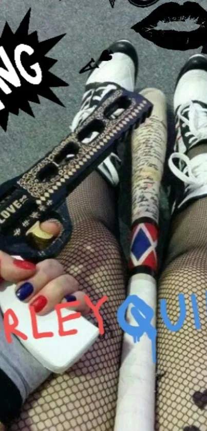 Harley Quinn themed comic-style wallpaper with iconic bat and vibrant colors.