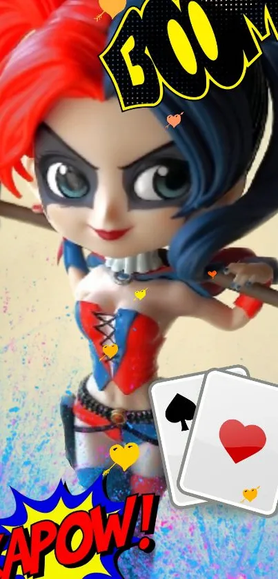 Harley Quinn figurine with a hammer on beige background.