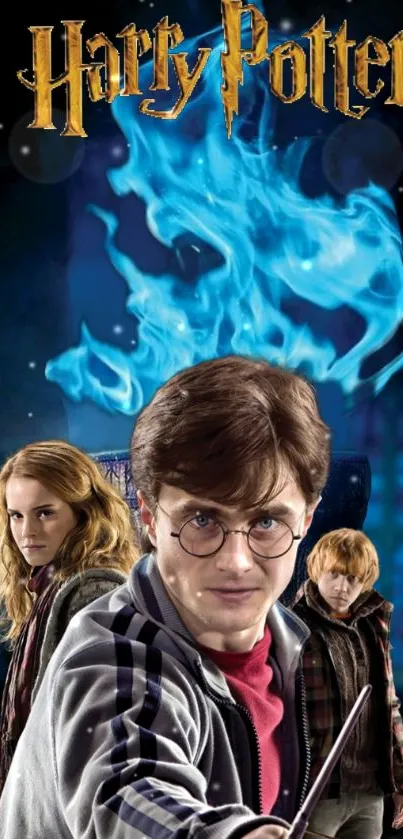 Harry Potter wallpaper with characters and blue magical flame.