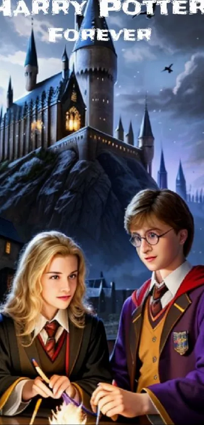 Harry Potter and Hogwarts in magical night scene wallpaper.