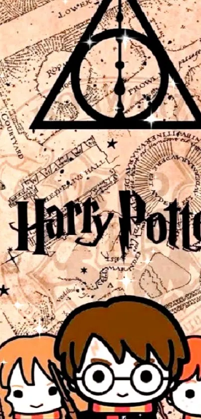 Harry Potter wallpaper with Marauder's Map and character art in beige and black tones.