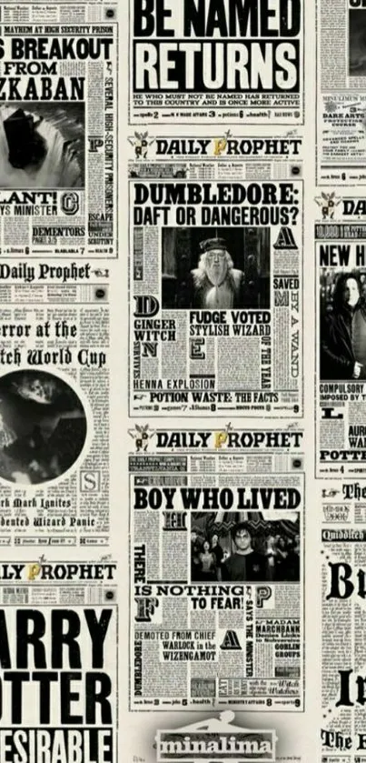 Harry Potter themed wallpaper with Daily Prophet headlines.