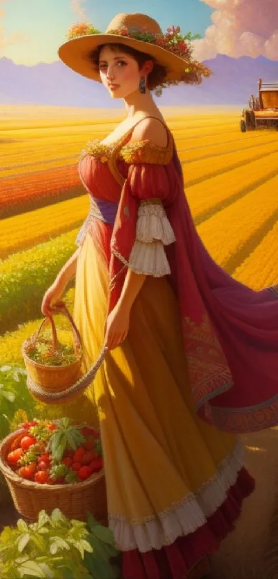 Woman holding basket in golden harvest field.