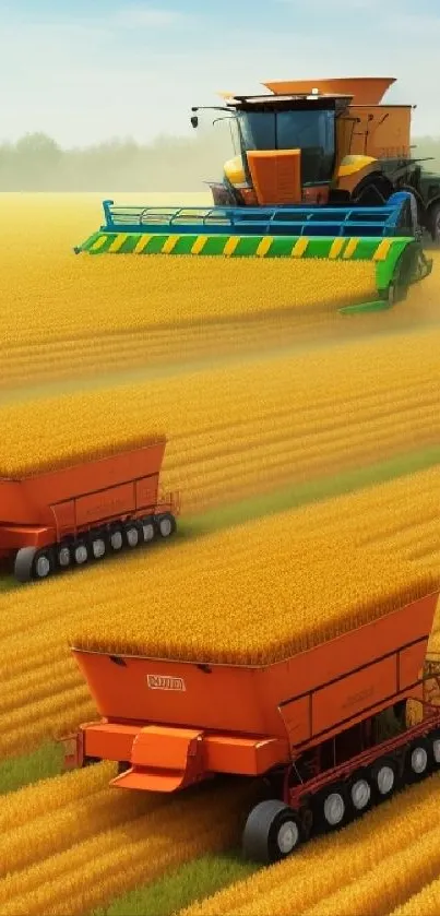 Combine harvester in a golden wheat field under blue sky.